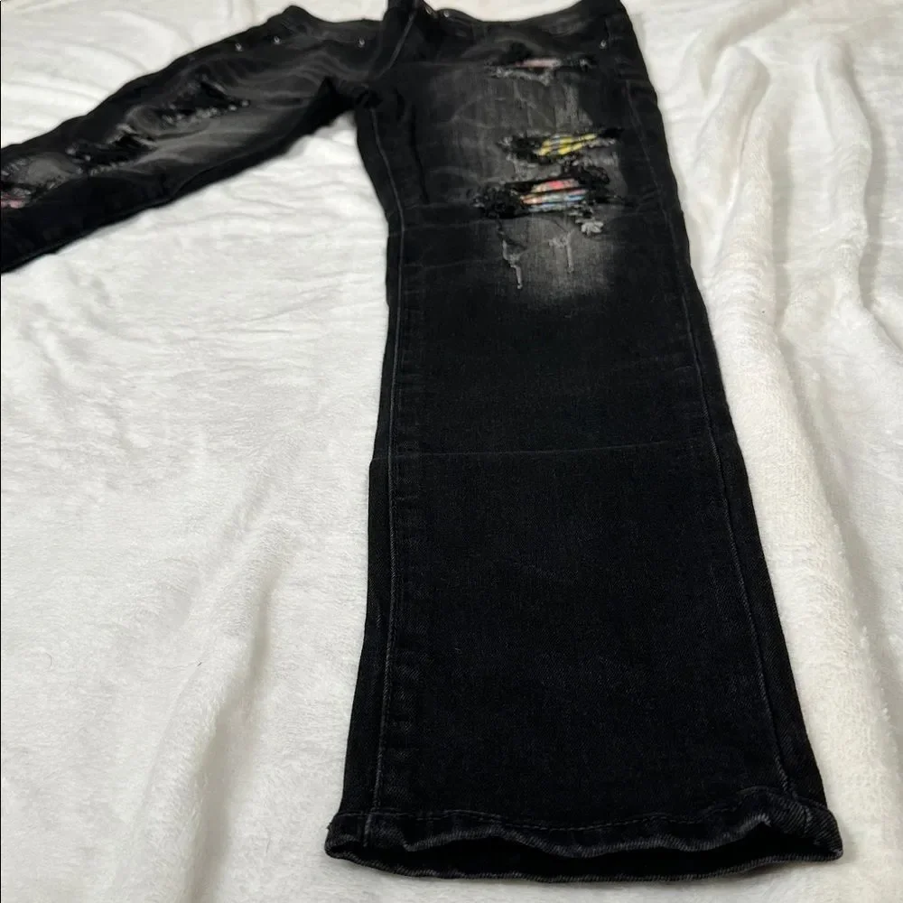 AMIRI Black Distressed Denim Jeans with Colorful Underlays! - Picture 2 of 7